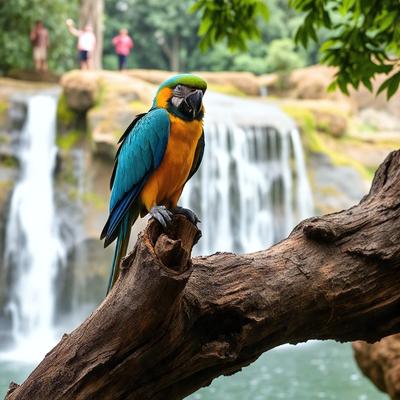 The primary subject of the image is a colorful bird perched on a tree branch. The bird is surrounded by a lush green environment, which includes a waterfall in the background. The visual style of the image is a photo, capturing the bird in its natural habitat. The colors and mood of the image are vibrant and lively, with the bird's vivid colors contrasting against the greenery and waterfall.